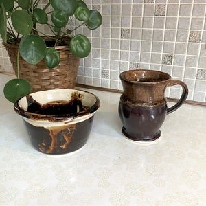 Vintage handmade Pottery‎ set , bowl & mug brown / cream natural tones